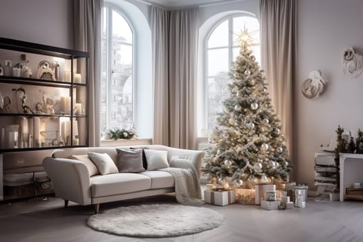 Bright room decorated for Christmas or New Year with a Christmas tree, a sofa with a soft, draped blanket, an illuminated window, and light curtains creating a warm festive atmosphere.