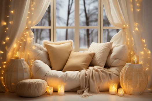 Bright Christmas-themed Room in Gold and Pastel Colors with an Illuminated Window. A Warm Festive Atmosphere for New Year.