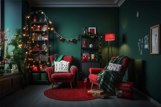 A modern-style room in green and red colors, decorated for Christmas. Holiday comfort, home concepts.