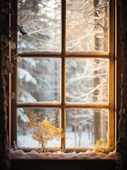 View through the window of a cottage into a snow-covered winter forest