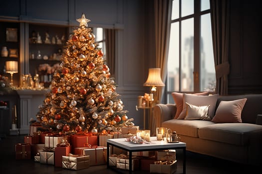 Bright room decorated for Christmas or New Year with a Christmas tree, a sofa, an illuminated window creating a warm festive atmosphere.