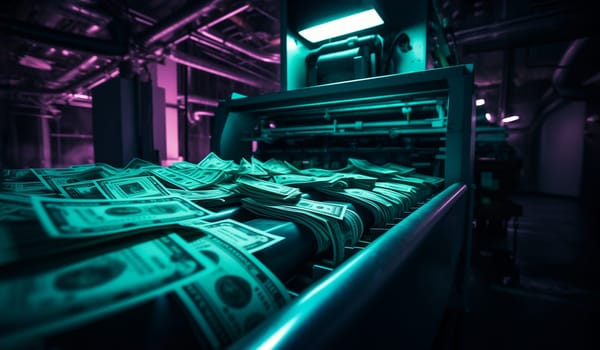 Factory of Printing Money. Dollars Of USA Bills On A Print Press Machine In Typography In Neon Green Light. Finance, Stock Market ,Tax Or Investment. Hyperinflation Or Crysis. Ai Generative