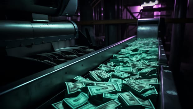 Machine Runs Down Conveyor With Stack Of Hundred Dollar Bills, Banknote. Print Press Money Machine. Finance, Stock Market ,tax Or Investment. Copy Space For Text. Ai Generated. Horizontal Plane