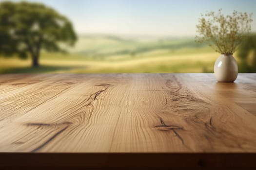 wooden table top with a small white vase, against the background of meadows, on a summer day.