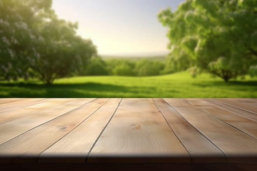 Empty wooden table top with a view of the green garden and field.