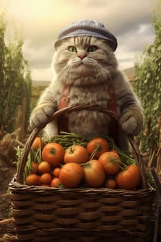 Adorable farmer cat is standing in the of garden, with a wicker basket with vegetables.