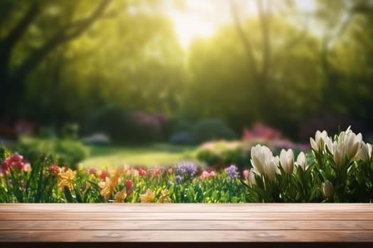 An empty table with a view of the spring garden with flowers.