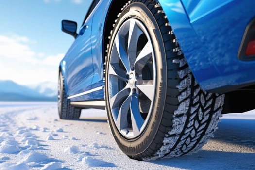 A car with winter tires. The concept of replacing car tires from summer to winter tires. High quality photo