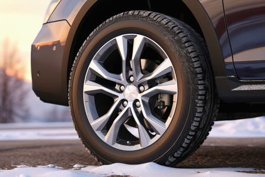 A car with winter tires. The concept of replacing car tires from summer to winter tires. High quality photo