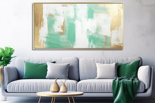 Modern room interior with an abstract painting in gray-green tones. High quality photo