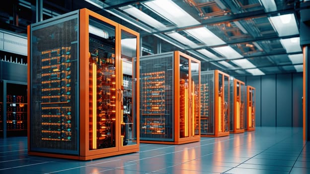 Server room with powerful computers storing large amounts of data. High quality photo
