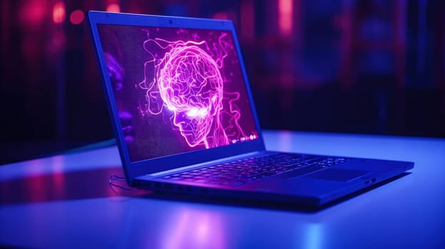 Man's head on a laptop screen in a purple neon room. The concept of artificial intelligence development. High quality photo