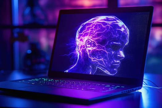 Man's head on a laptop screen in a purple neon room. The concept of artificial intelligence development. High quality photo