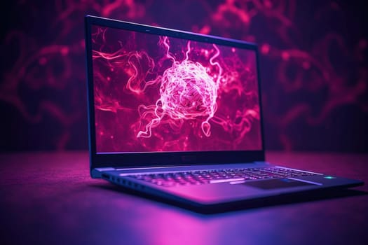 Neurons on a laptop screen in a purple neon room. The concept of artificial intelligence development. High quality photo