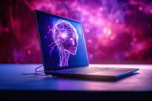 Man's head on a laptop screen in a purple neon room. The concept of artificial intelligence development. High quality photo