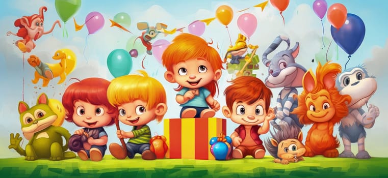 Banner with a group of cartoon characters celebrating a birthday with a cake. High quality illustration