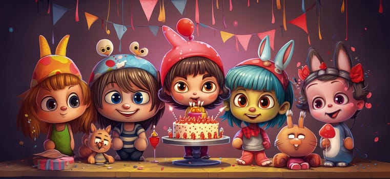 Banner with a group of cartoon characters celebrating a birthday with a cake. High quality illustration