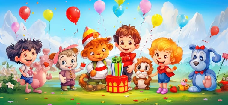Funny cartoon characters with gifts and balloons. High quality illustration