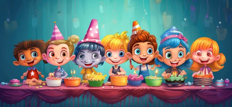 Banner with a group of cartoon characters celebrating a birthday with a cake. High quality illustration