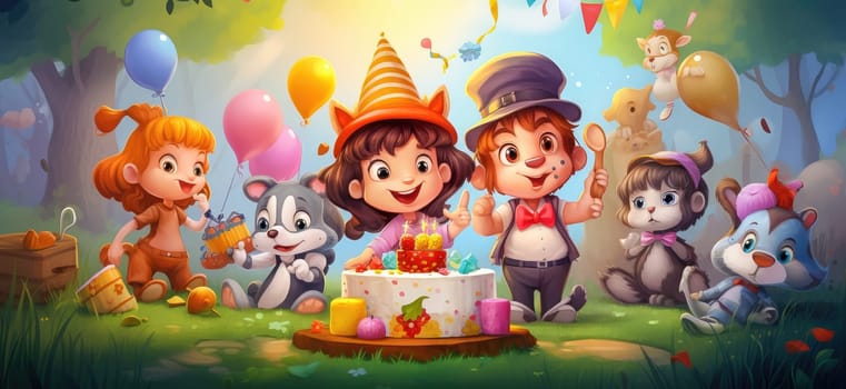 Banner with a group of cartoon characters celebrating a birthday with a cake. High quality illustration