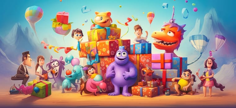 Funny cartoon characters with gifts and balloons. High quality illustration