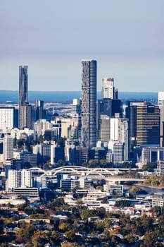 BRISBANE, AUSTRALIA - JULY 30, 2023: Brisbane skyline from Mount Coot-Tha lookout and observation deck at dusk in Brisbane, Queensland, Australia.