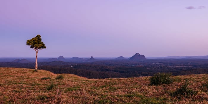 A view across the Glass House Mountains National Park from One Tree Hill Lookout on Mountain View Rd on a clear sunny day near Maleny, Queensland, Australia