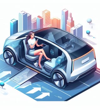 business woman working from autonomous driving ev car traveling fast in city traffic generative ai art