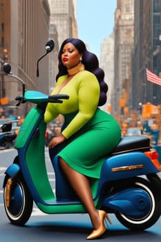 curvy elegant empowered business woman driving electric scooter in downtown illustration genrative ai art