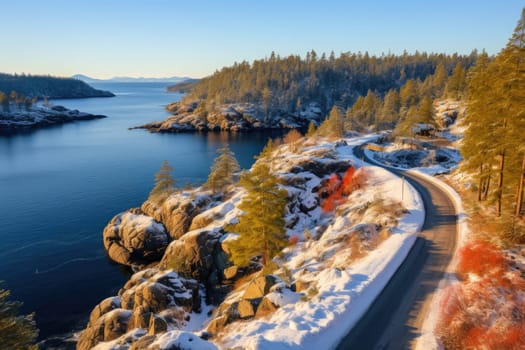 Landscape winding road with winter season. Generative AI.