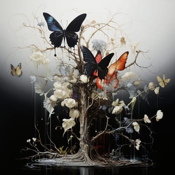 Drawing of a withered tree with flowers and butterflies on a dark background.