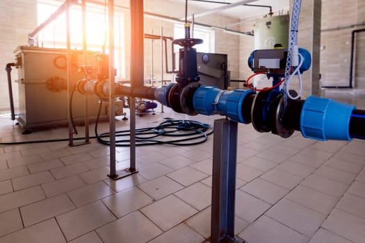 Pressure sensor in an industrial boiler room. Barometer in a heating system. Close-up.