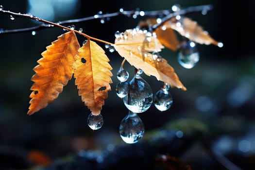 Raindrops on a branch with yellowed leaves close-up. Wet birch leaves.