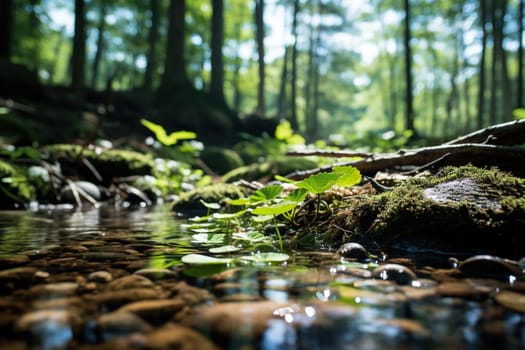 Calm forest river with large stones, tree leaves and moss. Blurred forest background