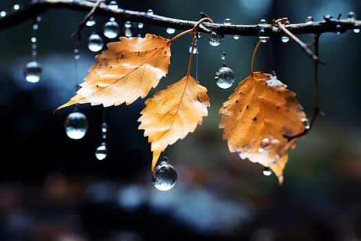 Raindrops on a branch with yellowed leaves close-up. Wet birch leaves.