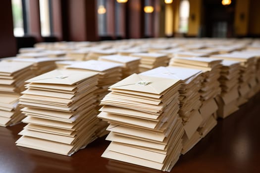 Many stacks of envelopes for letters on a wooden table.