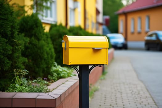 Yellow mailbox near a house with a blurred background.