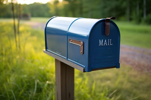 Blue mailbox by the road with a blurred background.