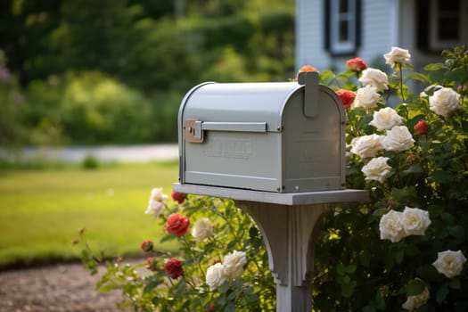 Mailbox near a house with with a rose bush, blurred background.