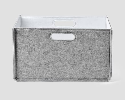 Artisan-crafted gray felt box with white interior and convenient slotted handles for sorting and storing items. Stylish accessory for organizing your home and office space