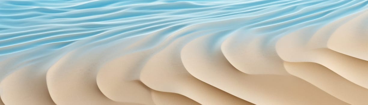 Sculpted sand dunes meet rippling water, creating a serene, natural contrast between desert and sea in warm, soft tones. Holiday, travel, vacation. Generative AI