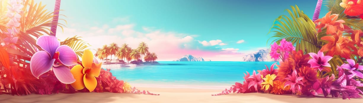 Colorful tropical flowers frame a serene beach with palm trees on small islets under a pastel sunset sky. Vacation, holiday background. Empty, copy space for text. Generative AI