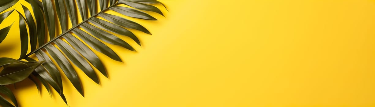 Lush green palm leaves over a vibrant yellow background, a bold tropical design perfect for lively summer visuals. Vacation, holiday backdrop. Banner with empty, copy space for text. Generative AI