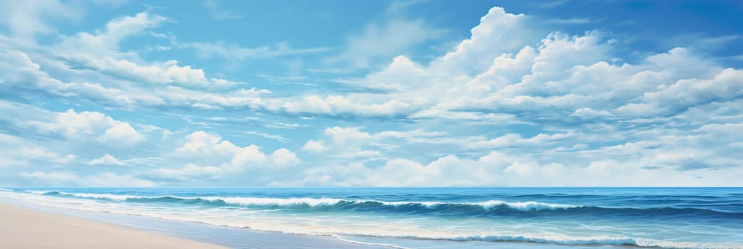 Serene beach scene with soft sandy shore, ocean waves, and a blue sky with fluffy clouds. Vacation mood that speaks of tranquility and relaxation. Peaceful holiday. Relax in the nature. Generative AI