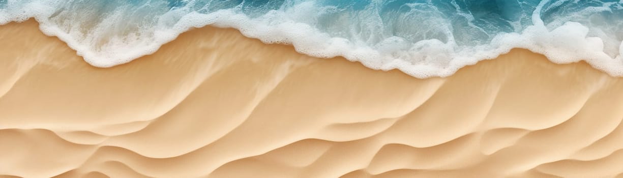 Aerial view of a beach with a foamy wave washing over golden sand. Vacation background. Tranquility and relaxation by ocean. Peaceful holiday. Relax in the nature. Meditation. Generative AI