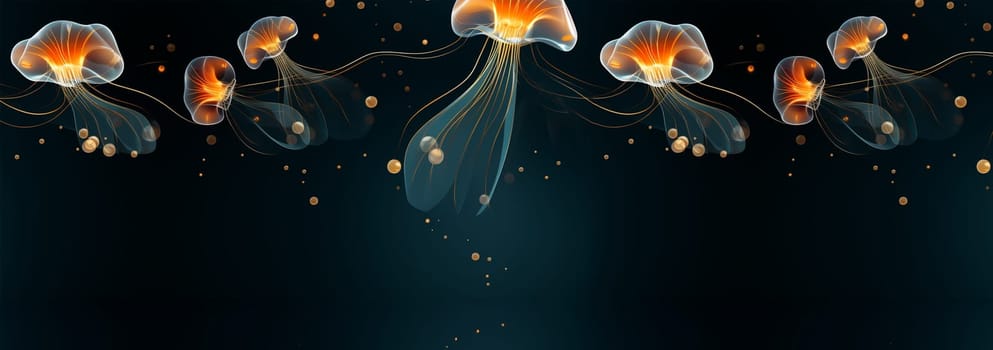 Banner Jellyfish seamless pattern. Dark luxury art background with hand drawn jellyfish in gold art line style. Minimalistic banner with marine life for decoration, wallpaper, print, textile, interior design, packaging Cute