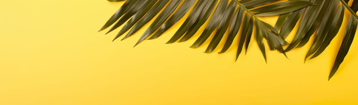 Green palm leaves over a vibrant yellow background, a bold tropical design perfect for lively summer visuals. Vacation, holiday backdrop. Banner with empty, copy space for text. Generative AI