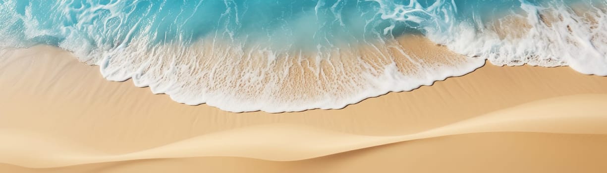 Aerial view of a beach with a foamy wave washing over golden sand. Vacation background. Tranquility and relaxation by ocean. Peaceful holiday. Relax in the nature. Meditation. Generative AI