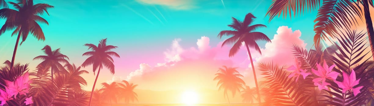 Wide-format tropical sunset with radiant palm silhouettes against a gradient sky of pink and blue hues, perfect for vacation themes. Holiday background. Empty, copy space for text. Generative AI