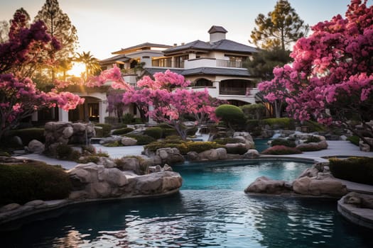 View of a beautiful hotel with a large swimming pool and pink flowers on the premises. Luxury travel vacation.